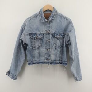 American Eagle Denim Jacket Womens XS Cropped Y2K Raw Hem Good